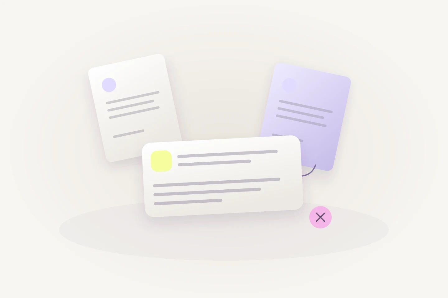 Separate paper records converging into one translucent answer card, with one record kept apart.